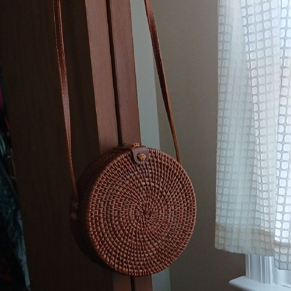 Brown Woven Round Crossbody Bag